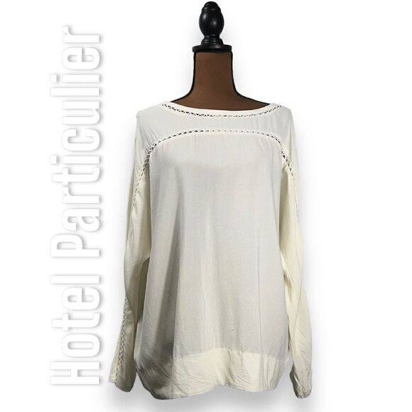 Hotel Particulier White Ivory Lattice Trimmed Long Sleeve Blouse, Women’s Large - Picture 3 of 14